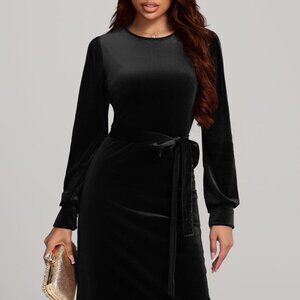 Round Neck Tie Waist Long Sleeve Velvet Dress